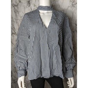 Zara Woman M Medium Gingham Plaid Balloon Sleeve High Neck Shirt Blouse